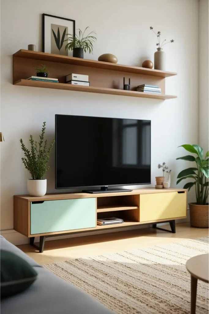 Budget-friendly modern TV wall unit with open shelving, secondhand painted console, and DIY shelves.