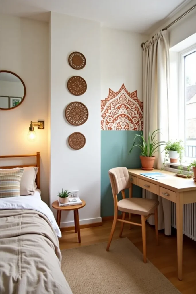 Small bedroom with wooden mandala art above desk, soft textures, stencil wall, and cozy lighting.