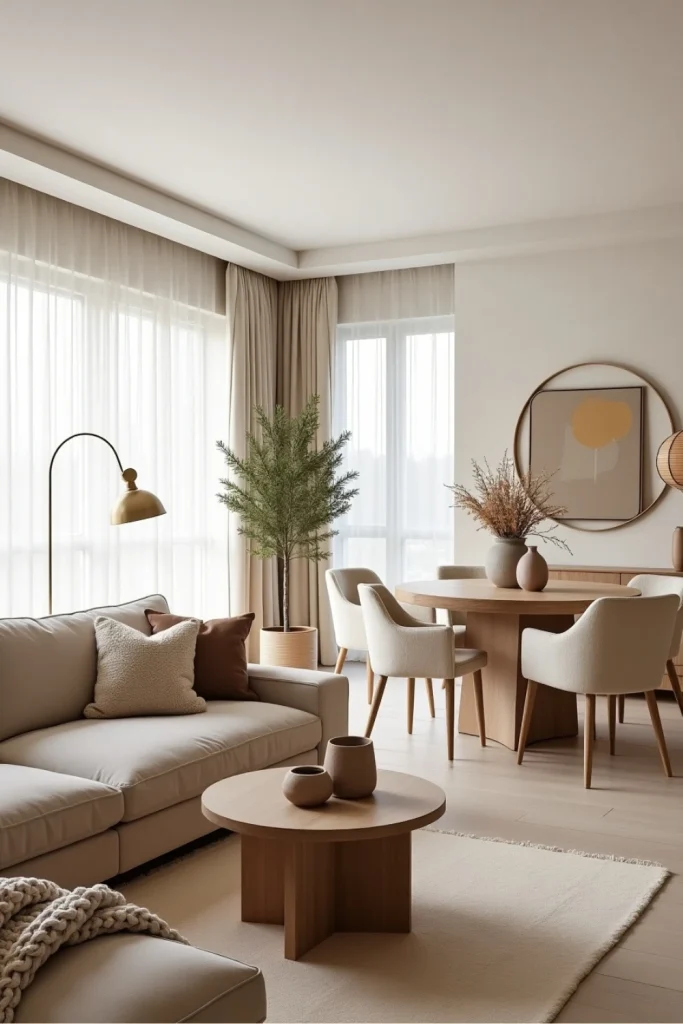 Soft minimalist living-dining room with beige sectional, round table, and cozy organic textures.