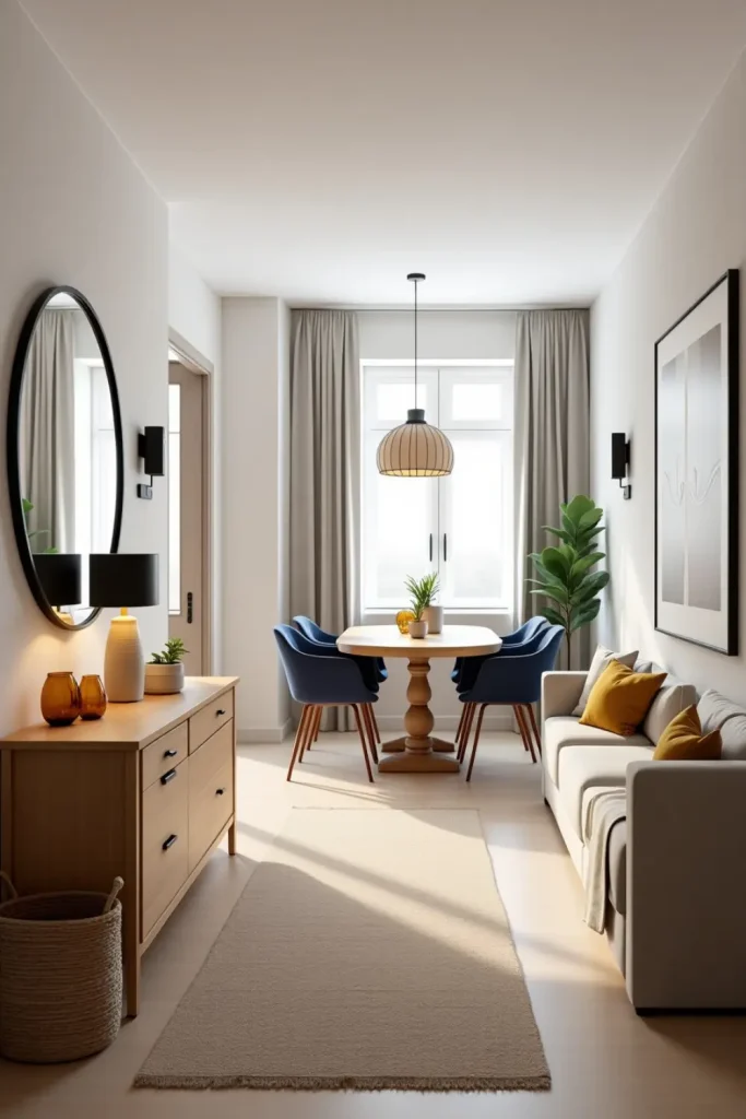 Scandinavian entryway with oak console, mirror, runner rug, and cozy dining-living space beyond.
