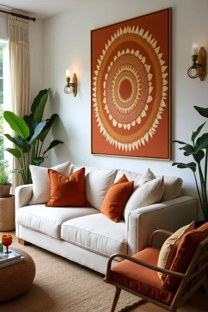 Boho living room with mandala wall art, earthy tones, plants, and cozy layered textures