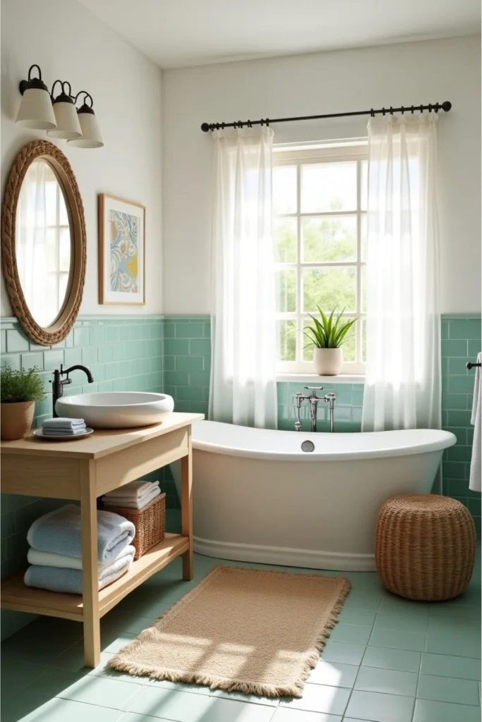 Coastal bathroom with seafoam tiles, rope mirror, wicker accents, and beachy soft blue decor.