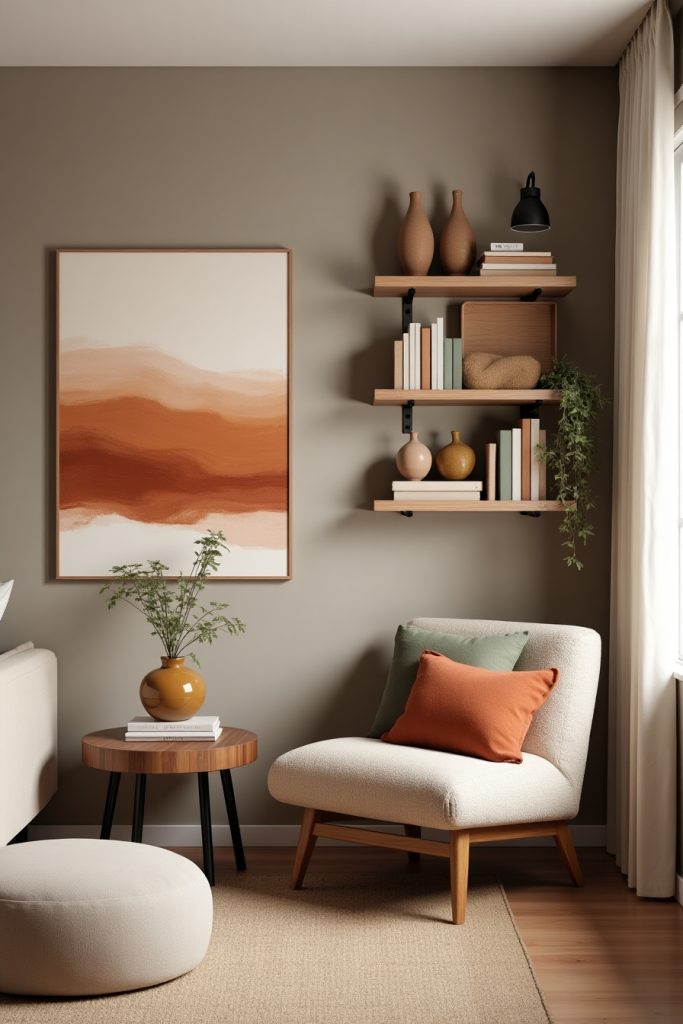 Modern living room with taupe walls, tone-matched art, neutral furniture, and warm accent decor