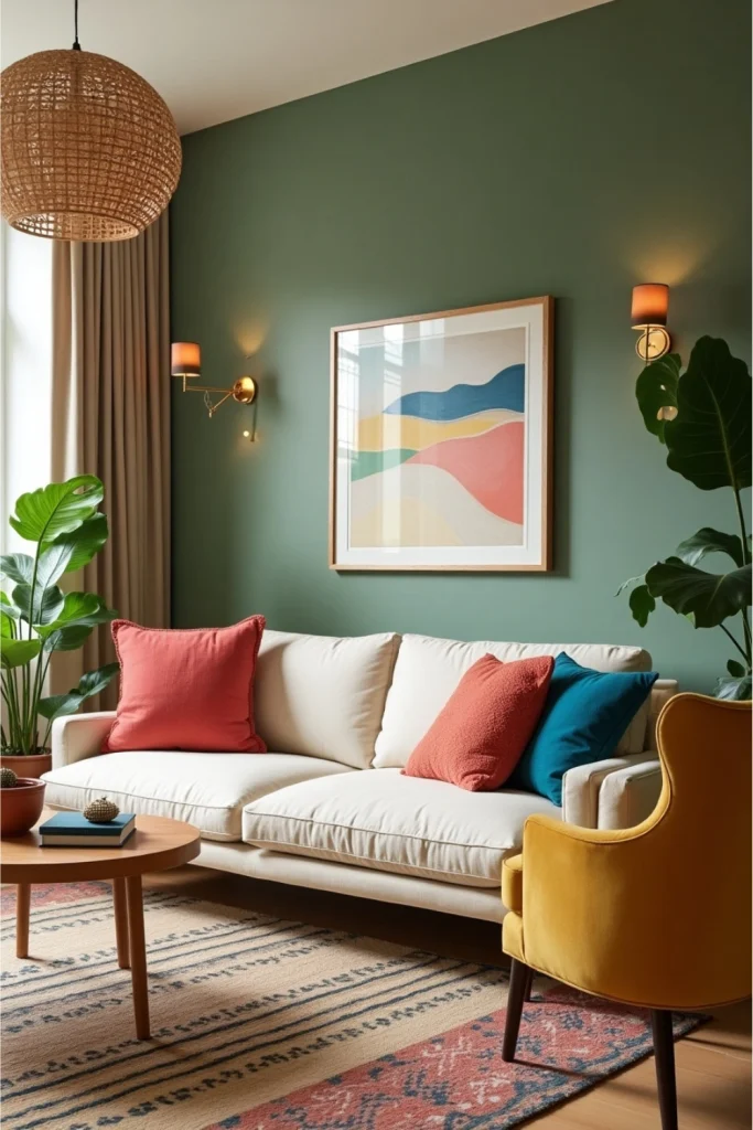 Cozy eclectic living room with colorful pillows, soft rugs, green walls, and natural warm lighting.