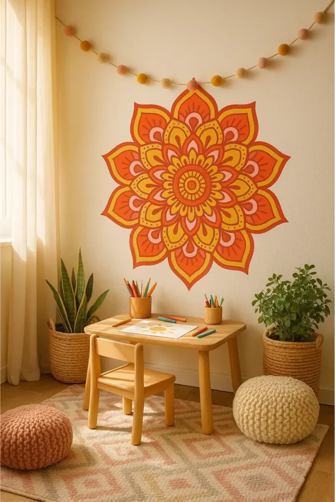 Colorful kids’ room with mandala wall decal, soft rug, wood furniture, and cozy creative play area.