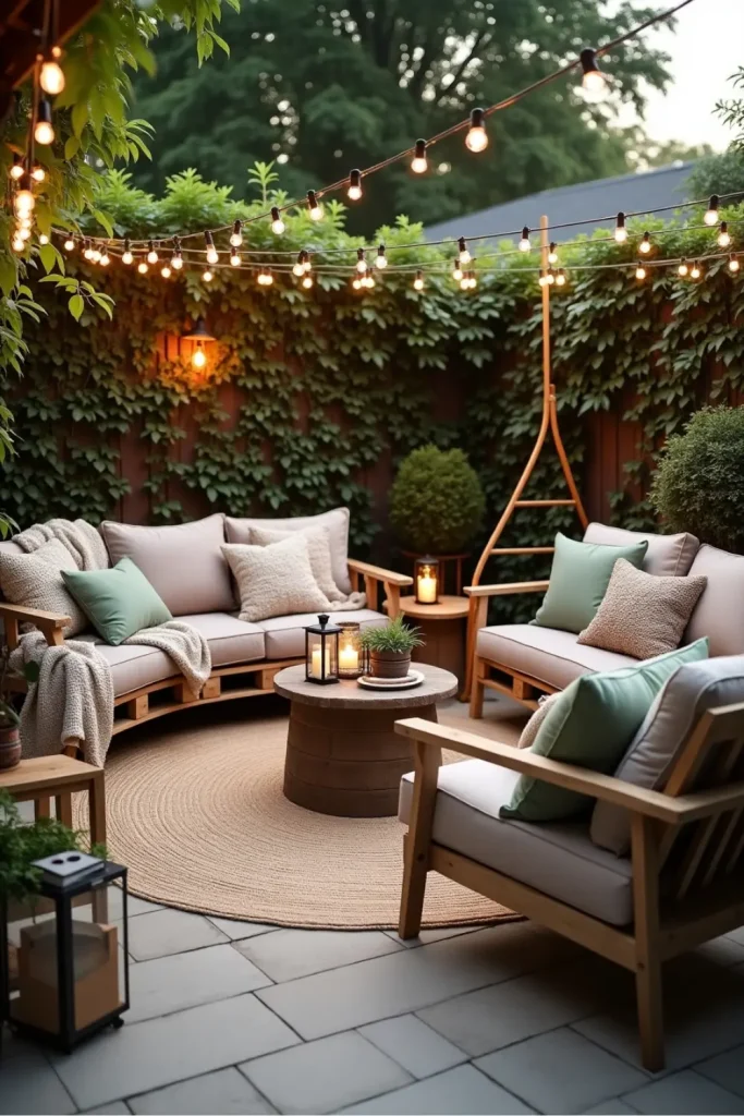 Cozy backyard with plush seating, soft pillows, string lights, plants, and warm ambient lighting.