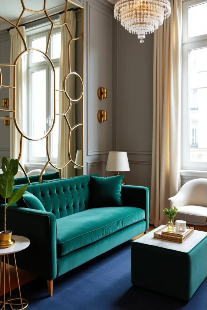 Luxurious compact living room with emerald velvet sofa, mirrored wall, chandelier, and navy rug.