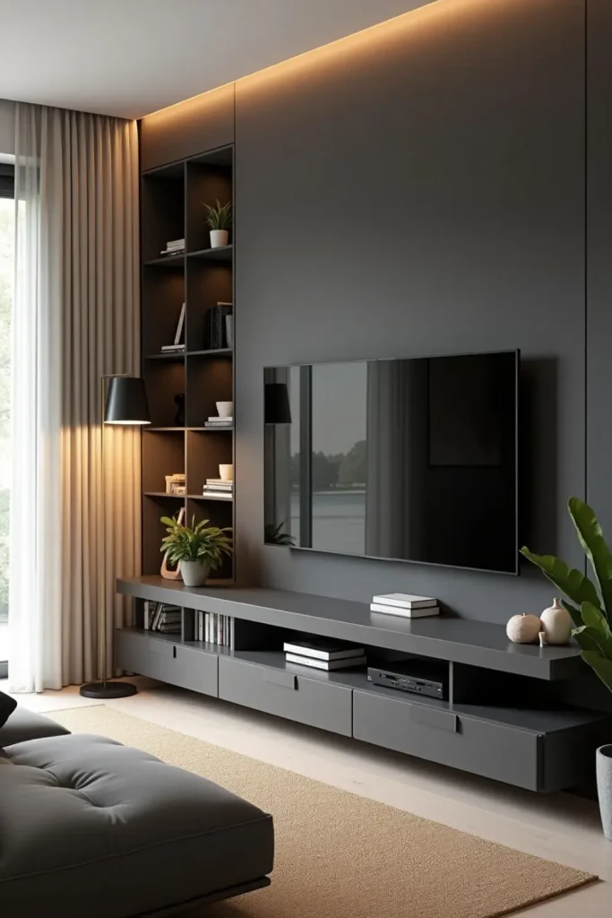 Floating charcoal TV unit with warm lighting, gray sofa, indoor plants, and jute rug in a modern space.