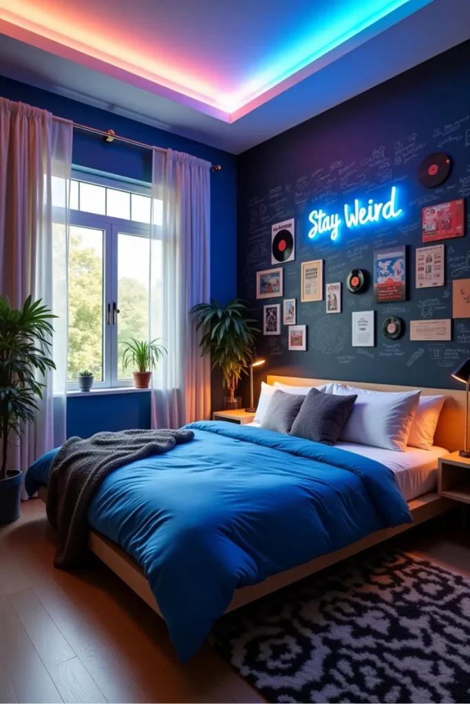 Trendy Gen Z bedroom with neon sign, LED lights, chalkboard wall, bold decor, and cozy textures.