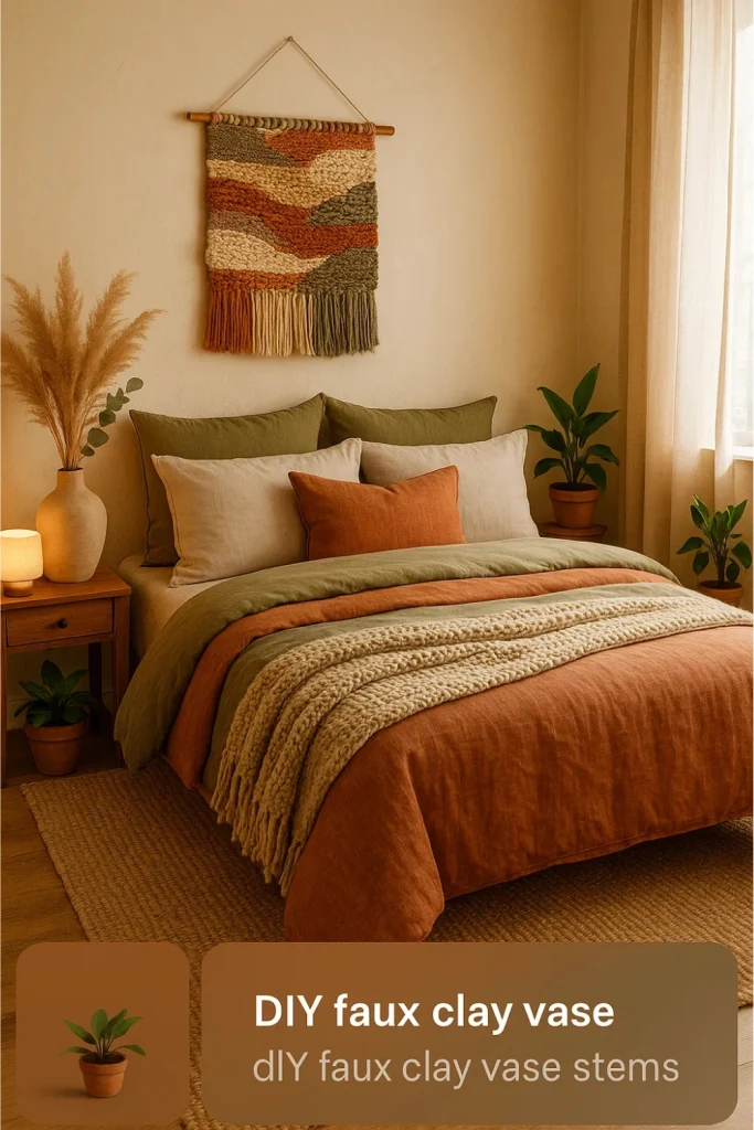 Earth-tone boho bedroom with woven wall art, clay vase, cozy bedding, and plants.