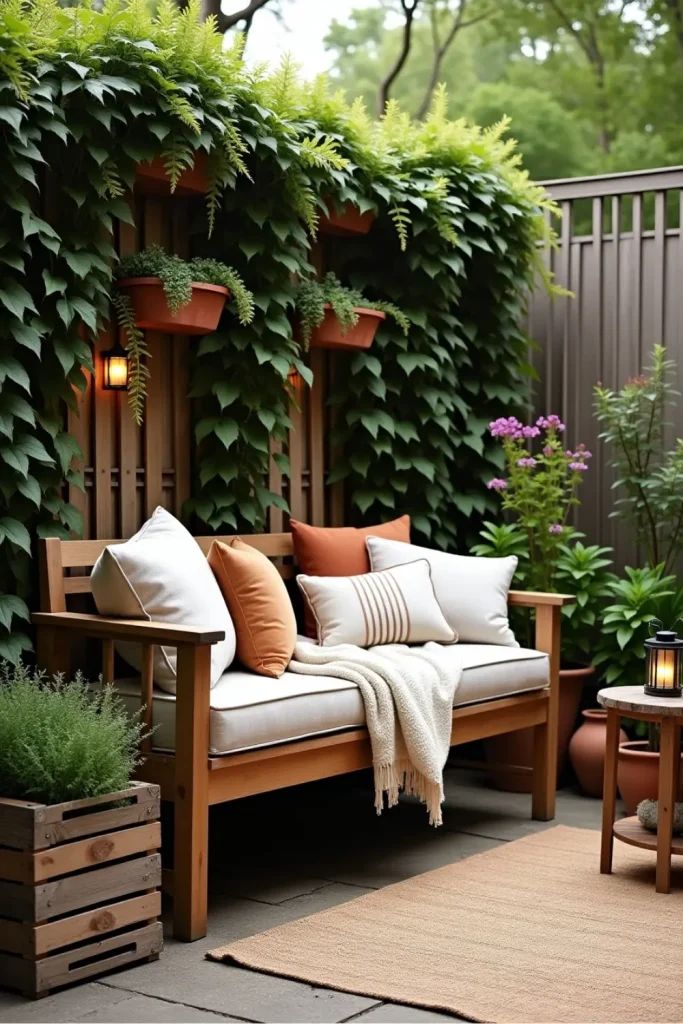 Cozy backyard garden with ivy wall, wood bench, herb planter, and solar lanterns at dusk