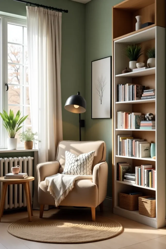 Scandinavian reading nook with plush chair, books, wood textures, and warm light by a window.