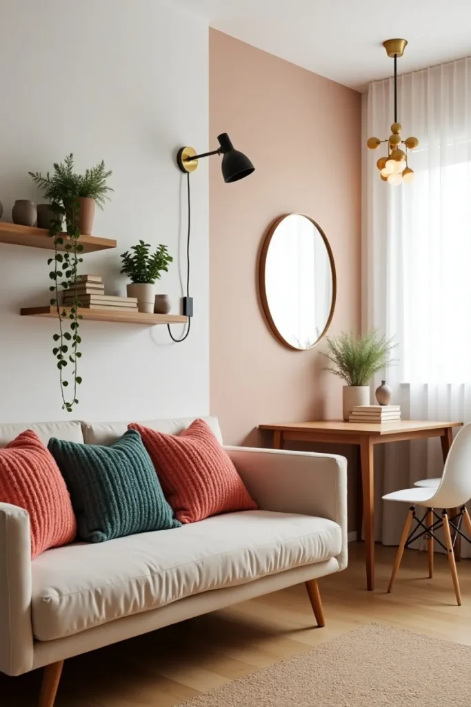 Minimalist cozy living-dining room with beige sofa, foldable table, warm tones, and plants.