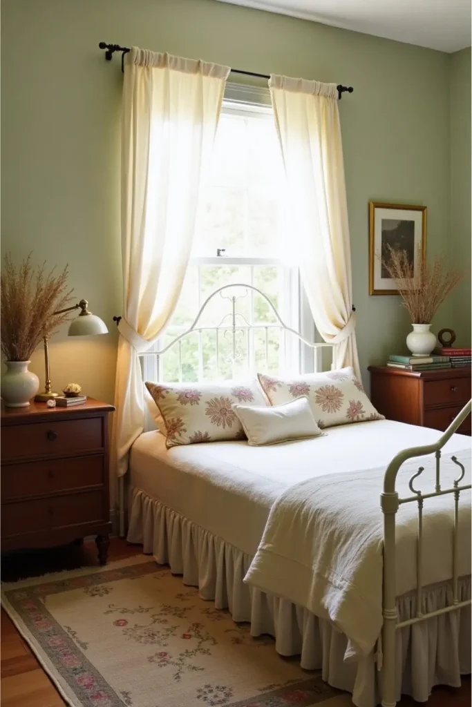 Vintage bedroom with ivory lace curtains, sage walls, floral bedding, and cozy antique decor.