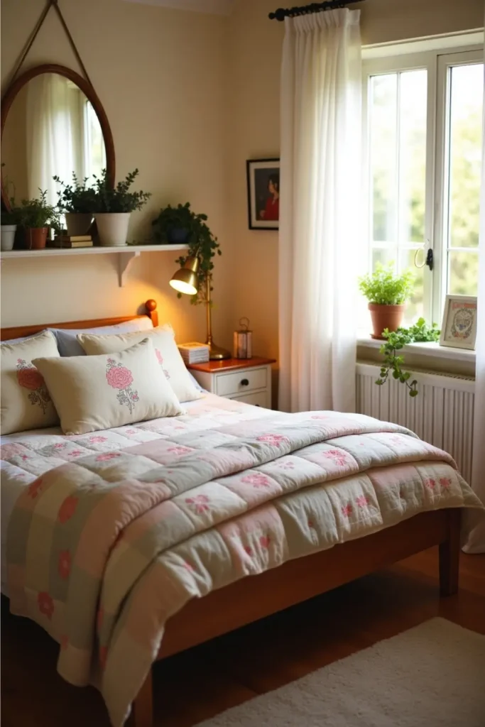 Cozy vintage bedroom with floral quilt, soft pillows, warm lighting, and cottagecore accents.