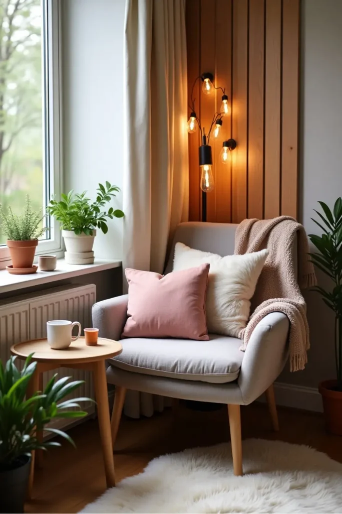 Scandinavian reading nook with warm lighting, plush textures, and soft natural light through sheer curtains.