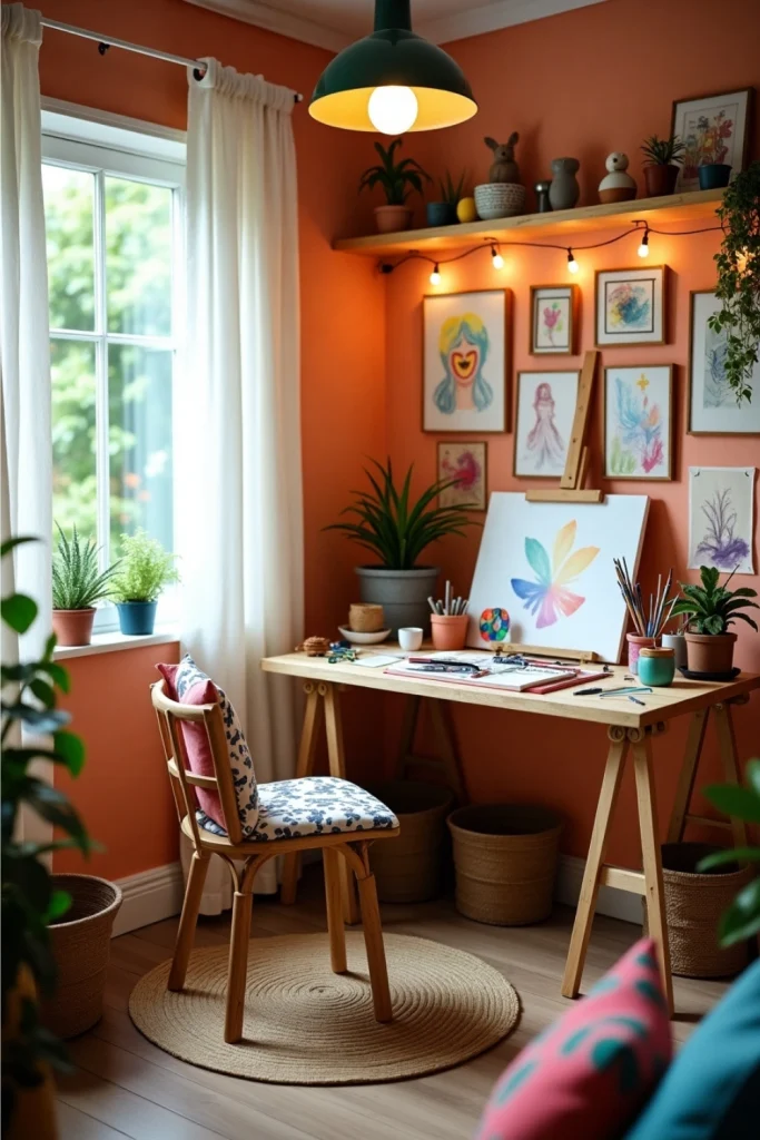 Colorful boho-style art studio with easel, craft table, gallery wall, and cozy sunlight-lit setup.