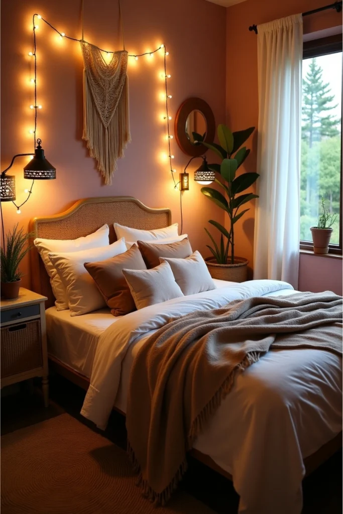 Boho bedroom with fairy lights, LED-lit headboard, warm textiles, and cozy ambient lighting