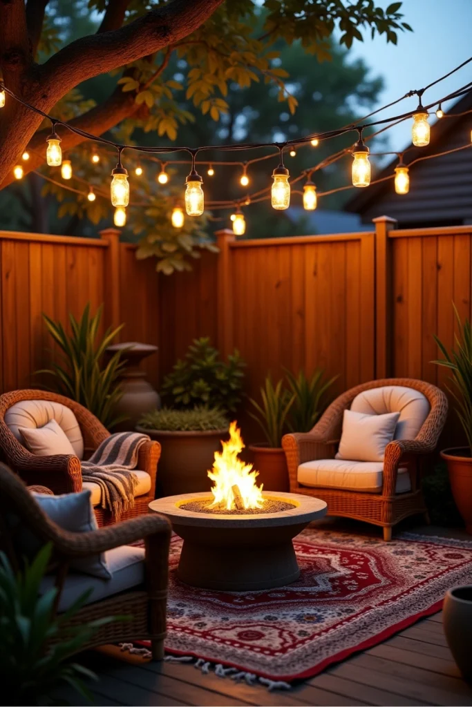 Rustic backyard with warm string lights, mason jar lanterns, boho seating, and lush greenery.