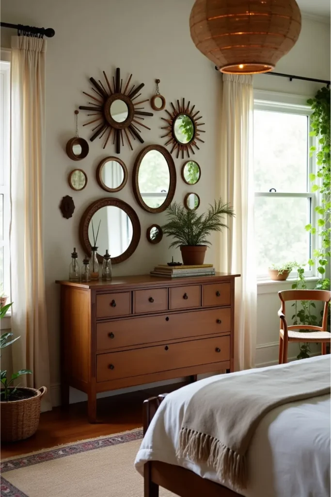 Boho bedroom with vintage dresser and artistic mirror collage reflecting sunlight and cozy decor.