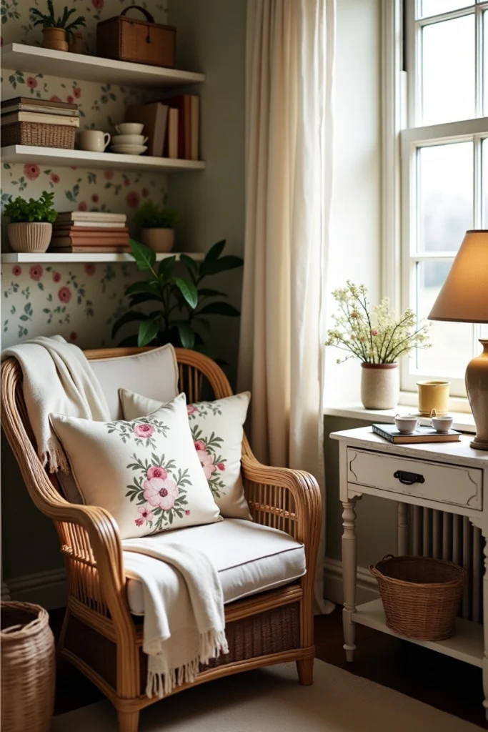 Cozy cottagecore nook with wicker chair, floral wallpaper, vintage decor, and warm natural light.