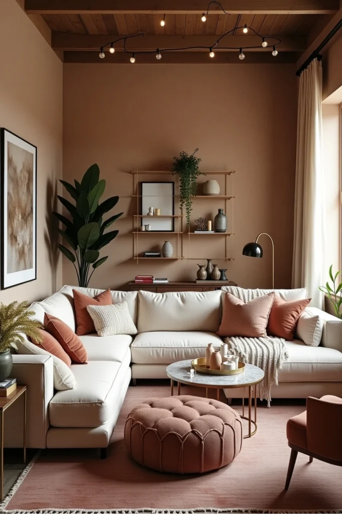 Boho-luxe living room with velvet sofa, gold accents, gallery wall, and cozy eclectic decor