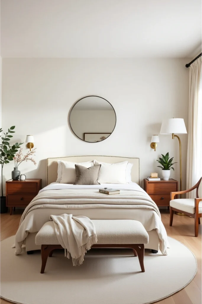 Curved furniture in a cozy modern bedroom with soft neutrals, boucle textures, and arched details.