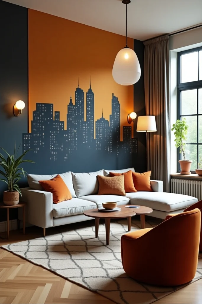 Modern loft living room with bold mural, warm textures, cozy seating, soft lighting, and plants.