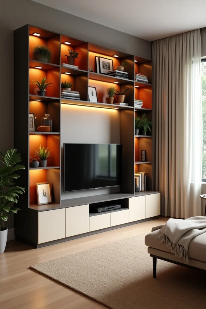 Custom modular TV wall unit with crates, plants, warm lighting, and cozy textures in a small living room.