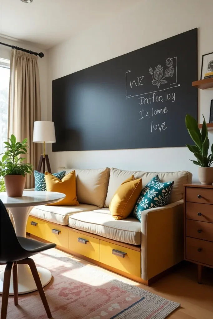 Retro modern living-dining combo with mustard bench, chalkboard wall, and mid-century accents.