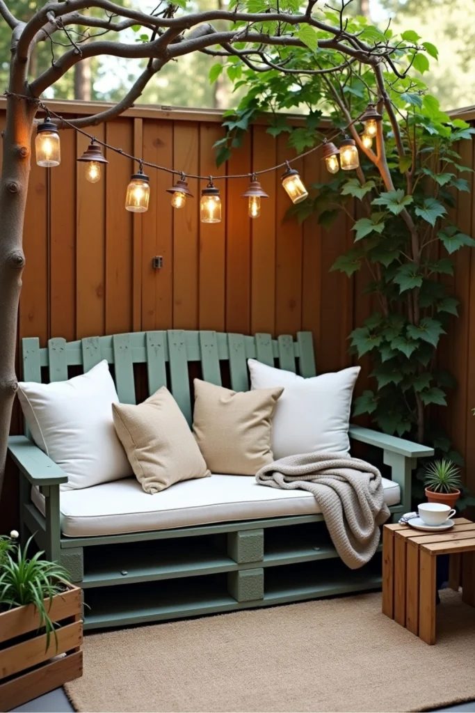 DIY pallet bench with soft cushions, trellis, jar lanterns, and string lights in a cozy backyard nook.