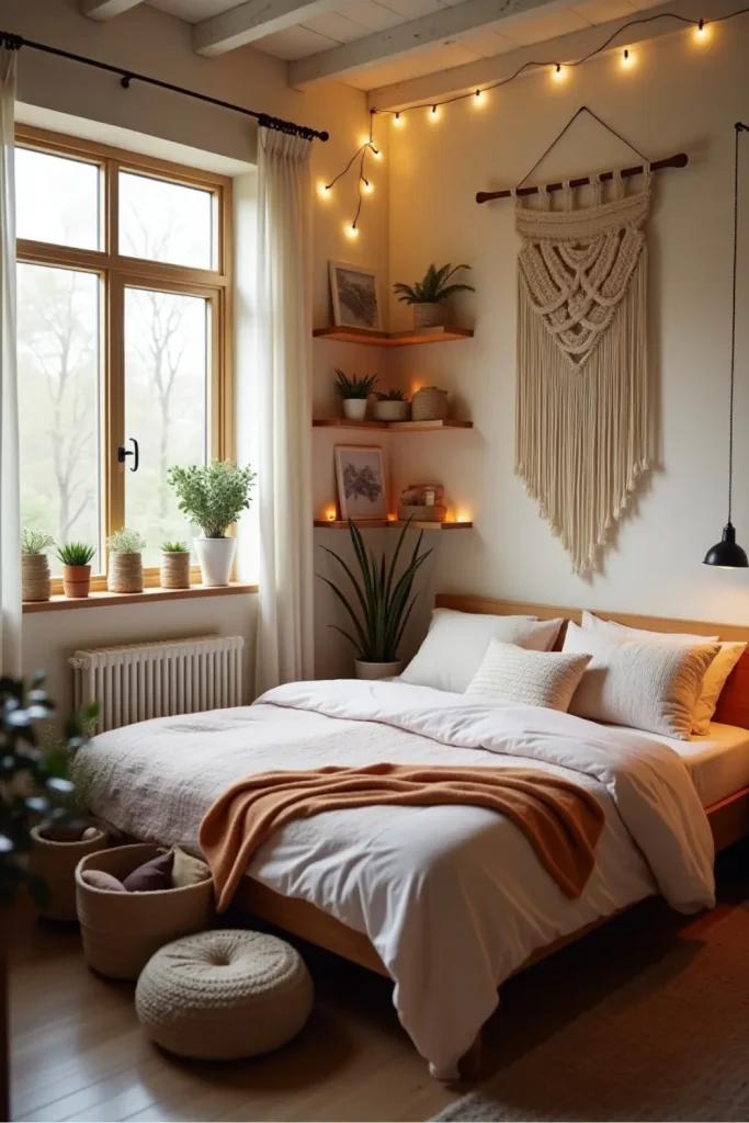 DIY boho bedroom with macramé wall art, pastel pillows, cozy rug, plants, and warm natural light.