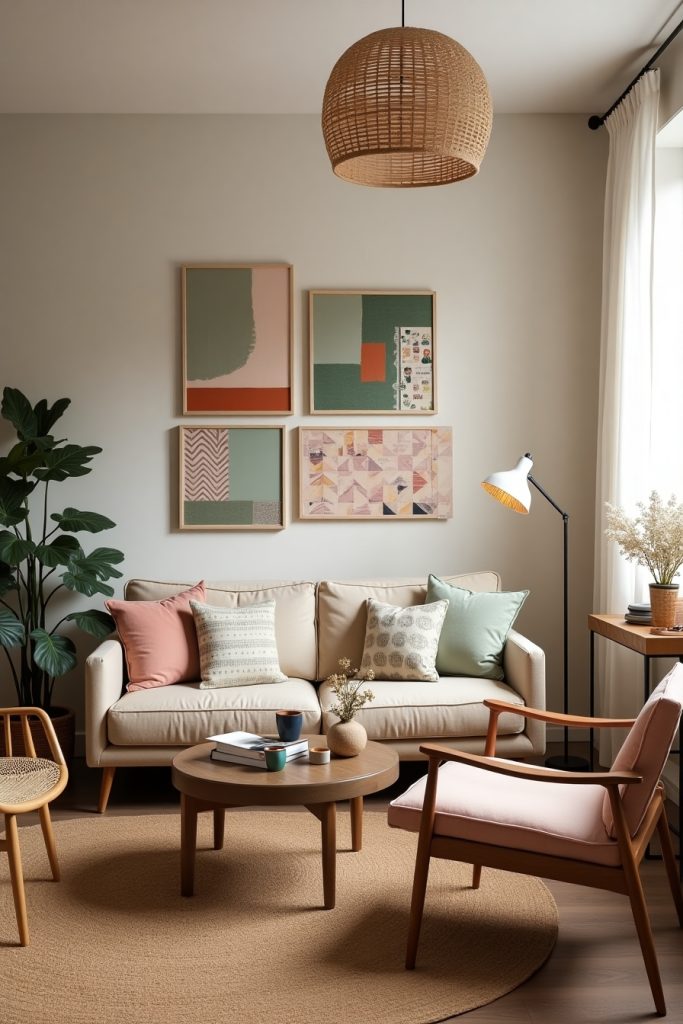 DIY craftcore living room with handmade wall art, beige loveseat, and cozy vintage decor.