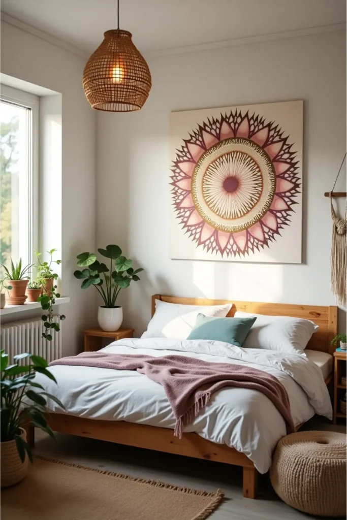 DIY pastel mandala mural in boho room with plants, pouf, and warm lighting for cozy vibes.