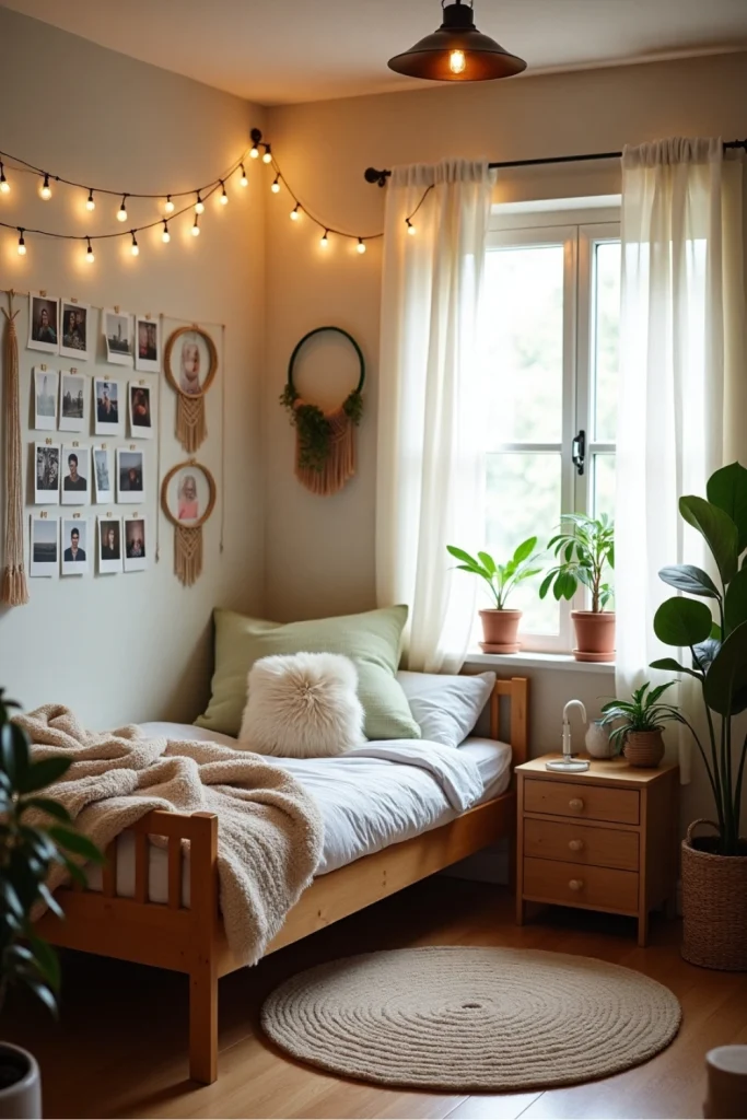 DIY bedroom with pastel furniture, string art wall, polaroids, soft rugs, and hanging plants.