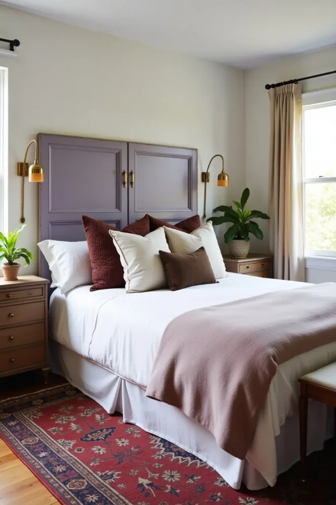 DIY lavender-painted wood headboard in cozy vintage bedroom with warm lighting and layered textiles.