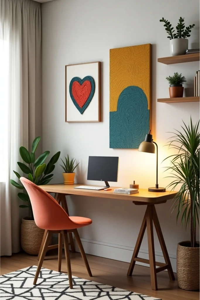 DIY string art and fabric panel wall decor above desk in warm-toned, creative home office nook.