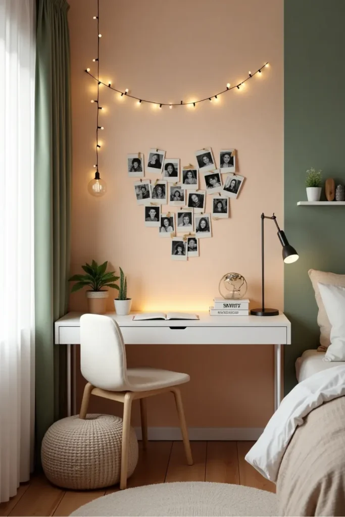 Cozy DIY wall decor corner with heart-shaped photo collage, soft lighting, plants, and string lights.