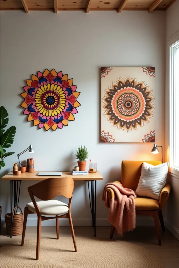 Split-wall room showing mandala decal vs. hand-painted canvas with cozy, artistic decor contrast.