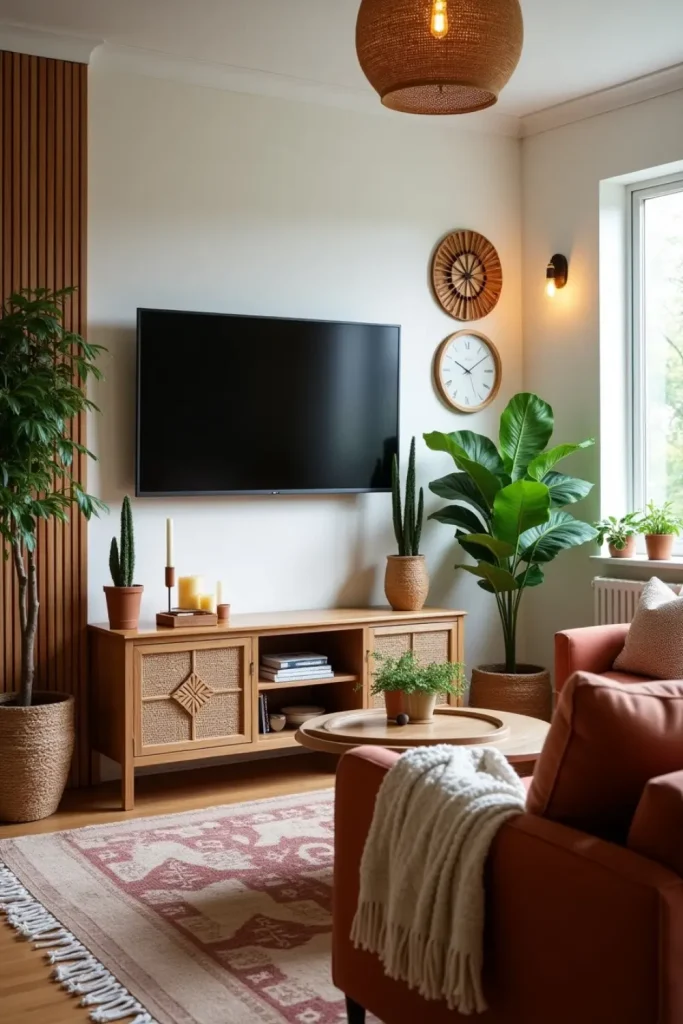 Boho-style TV wall with woven baskets, potted plants, rattan console, and cozy textiles in warm lighting.