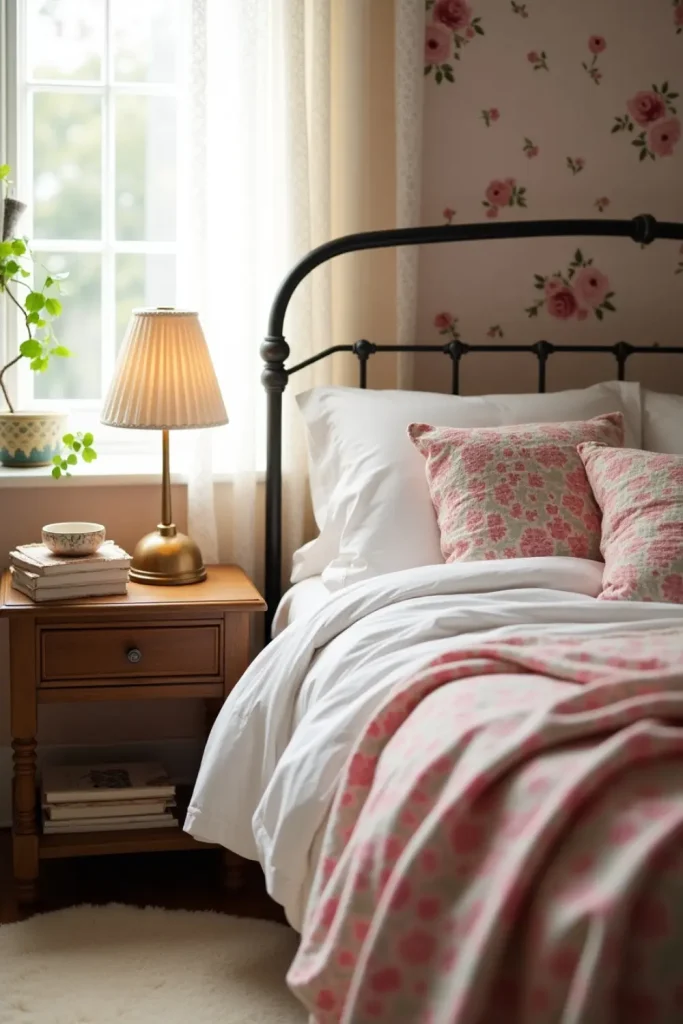 Dreamy bed with floral vintage quilt, blush linens, lace curtains, and warm sunlight in a cozy room.