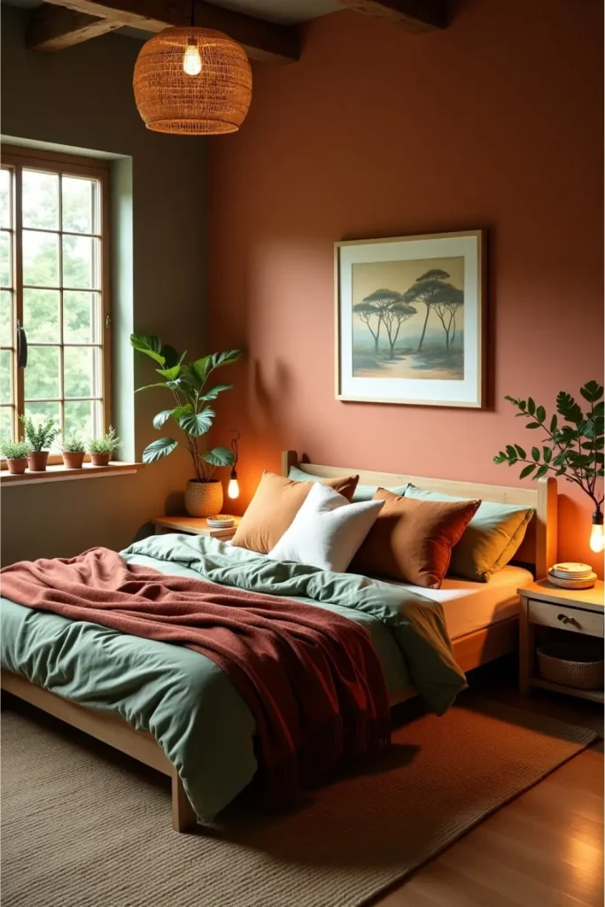Boho bedroom with terracotta wall, layered earthy bedding, jute rug, plants, and warm lighting.