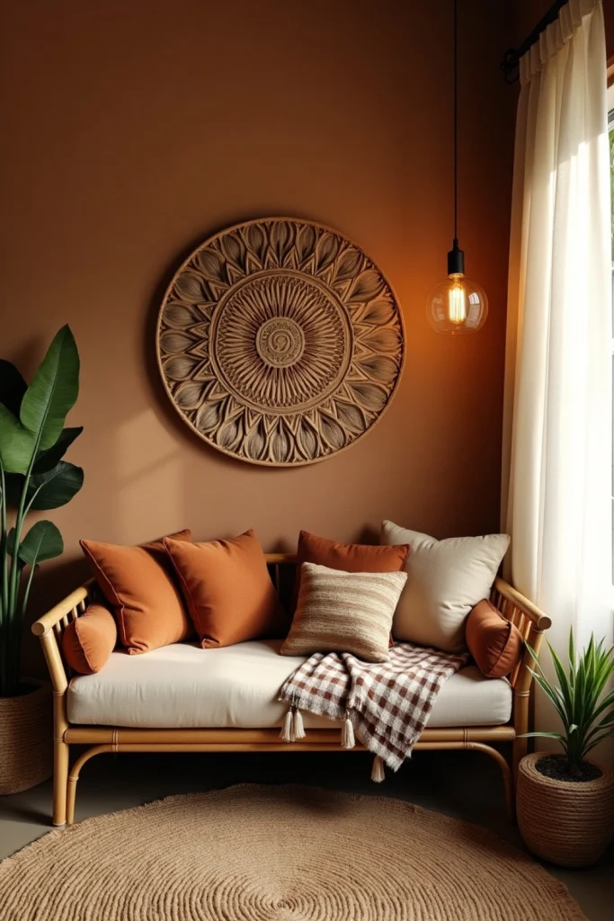 Eco living room with bamboo daybed, reclaimed wood mandala, jute rug, plants, and warm lighting
