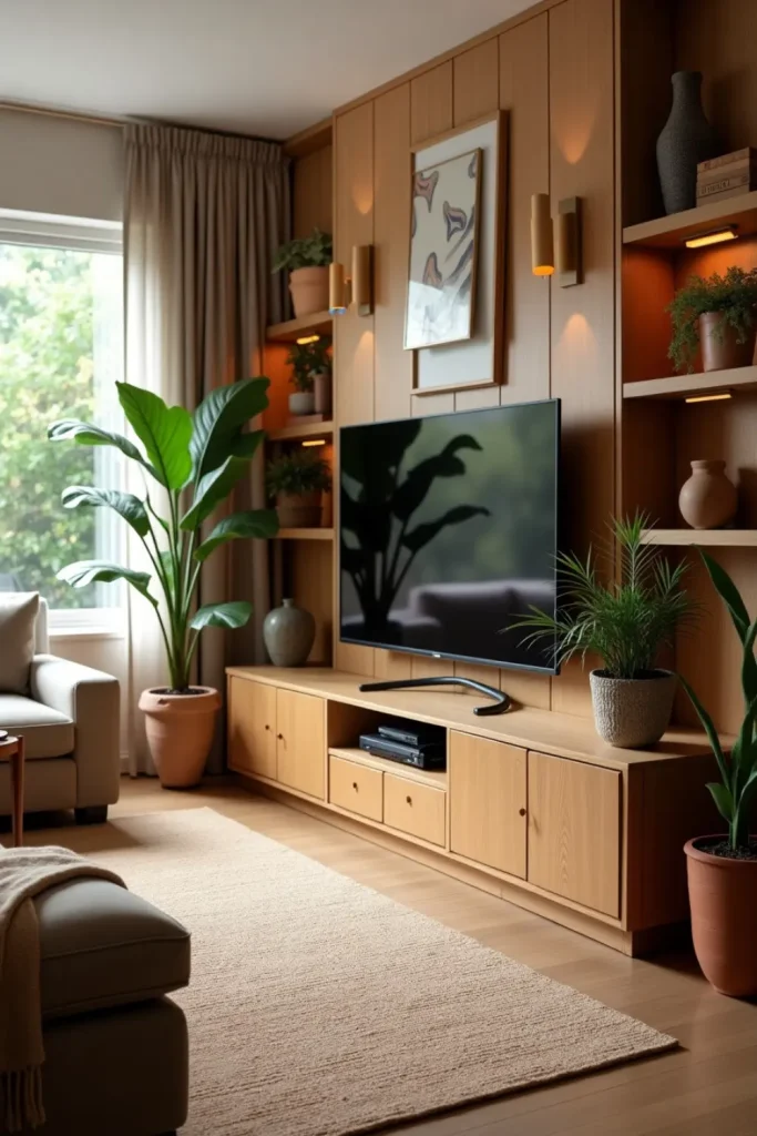 Close-up of a reclaimed wood TV wall unit with eco decor, soft lighting, plants, and earthy textiles.