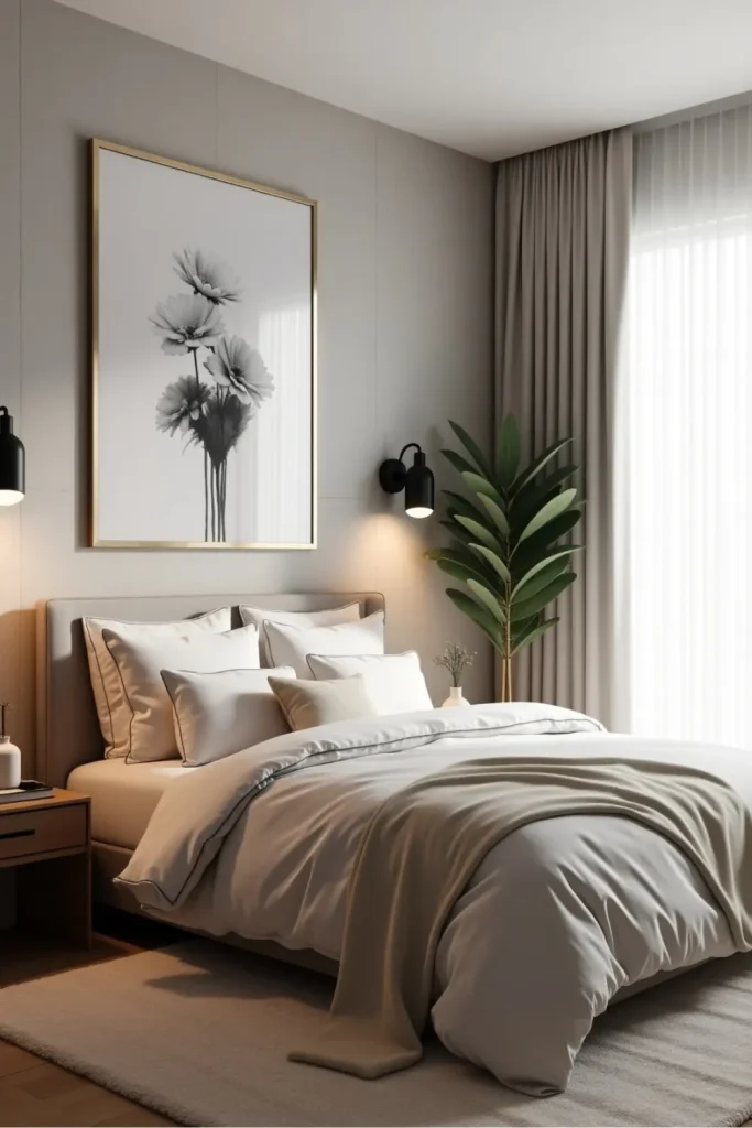 Minimalist bedroom with black and white wall art, neutral bedding, and soft warm ambient lighting.