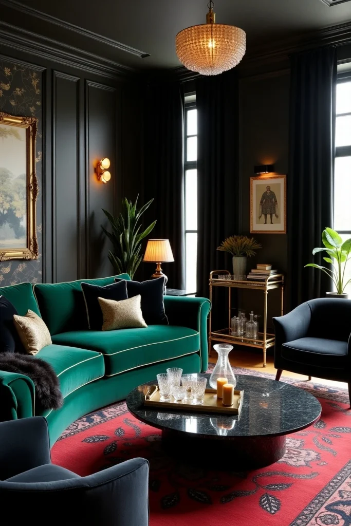 Moody glam living room with emerald velvet sofa, marble table, dark walls, and luxe lighting.