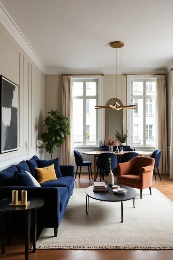 ChatGPT said:Elegant navy sofa and black dining set in a moody, Parisian-style open living-dining room.