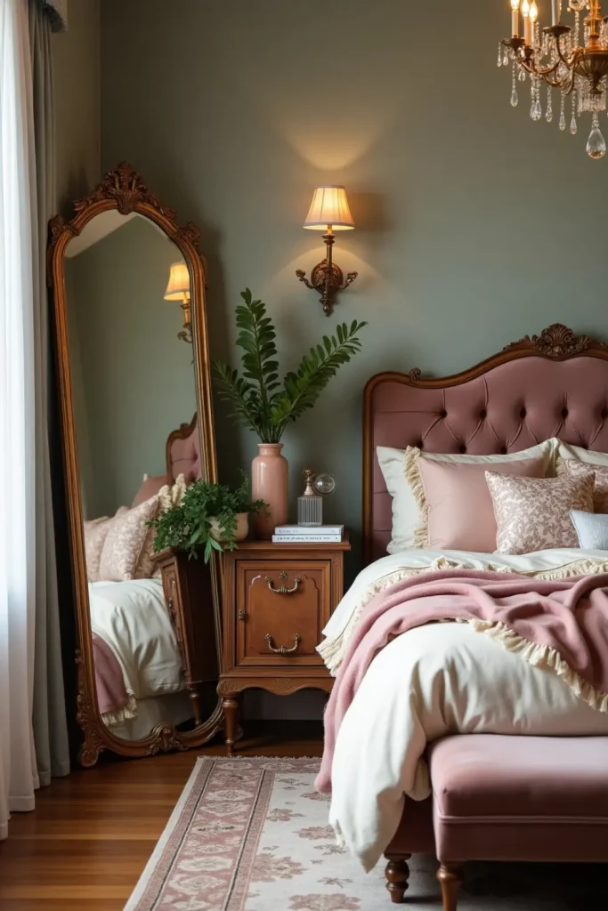 Vintage gold mirror leaning in romantic bedroom with velvet bed, soft drapes, and antique decor.