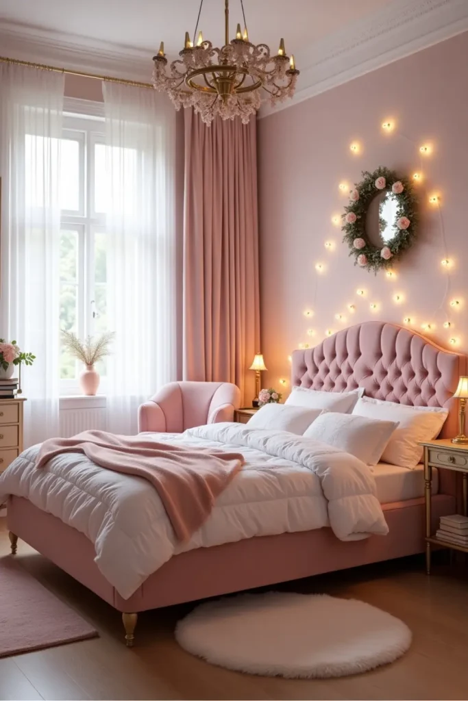 Romantic coquette bedroom with blush tones, vintage decor, lace curtains, and soft pastel textures.