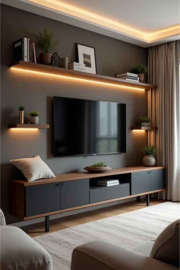 Modern TV wall with warm LED backlighting, wood console, floating shelves, and cozy minimalist decor.